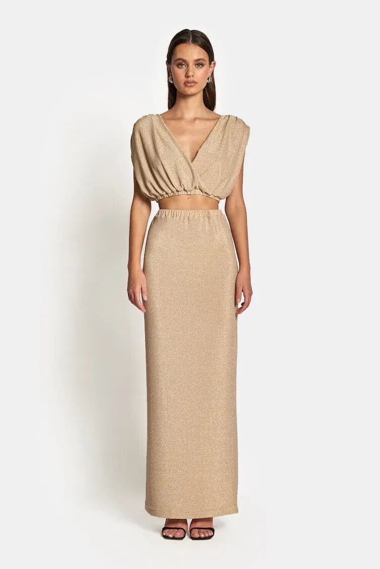 Sofia The Label Valentina Draped Crop Top and High Waist Maxi Skirt Set In Gold Lurex Size 8 photo 2