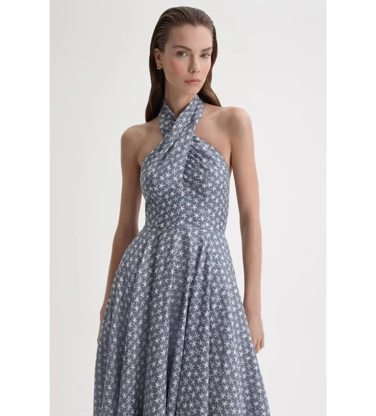Scanlan Theodore Linen Printed Halter Midi Dress Blue White Size AU 6 photo 6