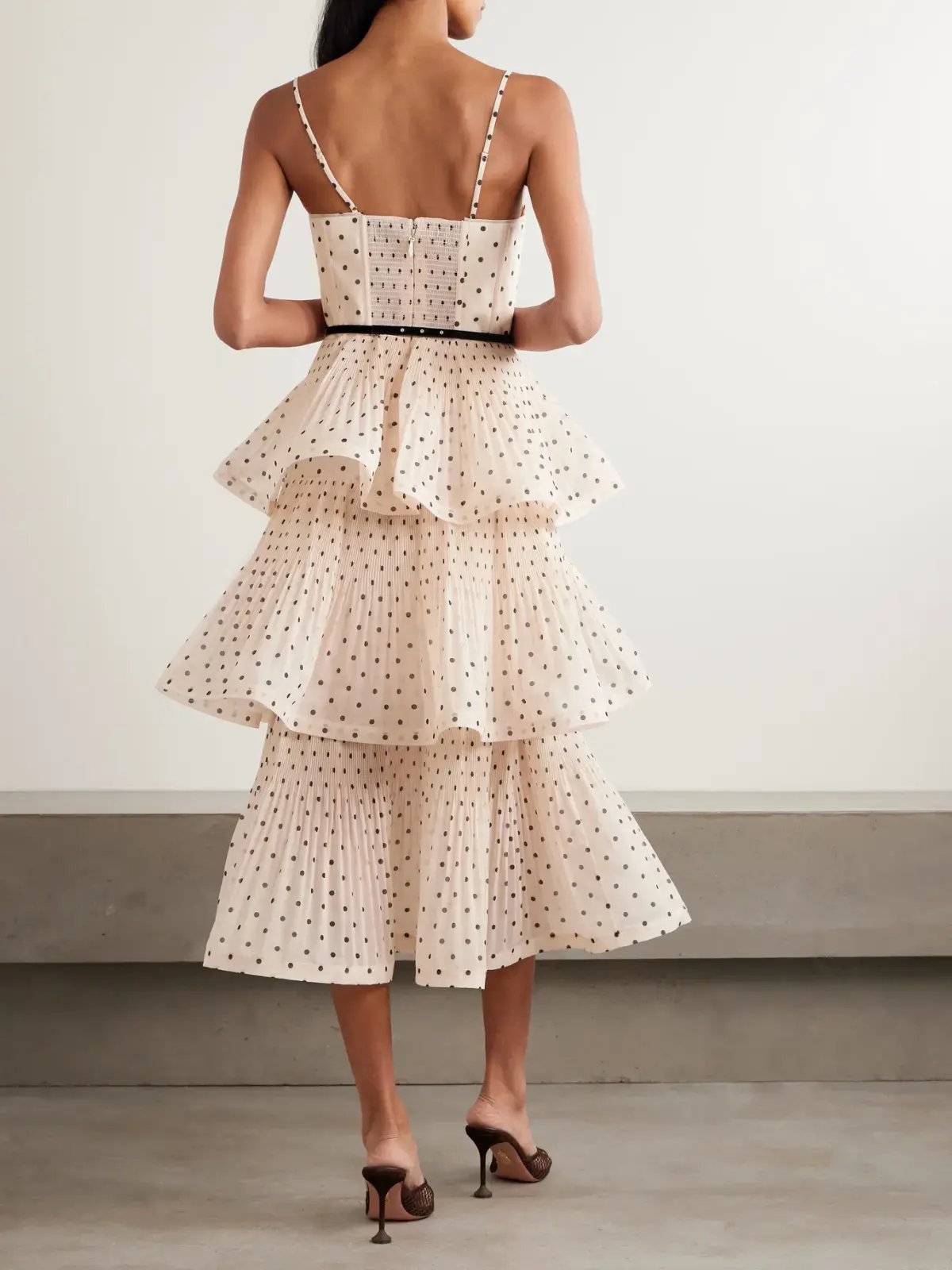 Zimmermann Pleated Tiered Midi Dress in Black/Cream Polka Dot Size 14/L photo 2
