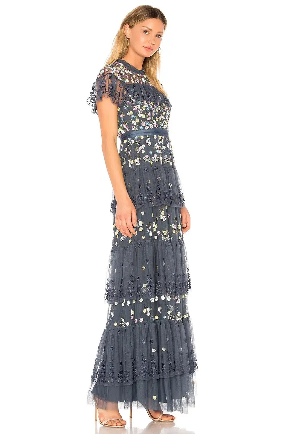 Needle and Thread Tiered Anglais Gown Washed Indigo Beaded Floral Size 8 photo 2