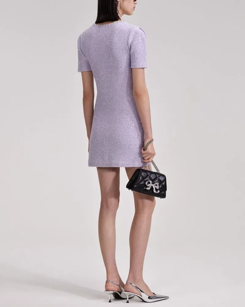 Self Portrait Sequined Knit Mini Dress With Crystals Lilac Size 8 photo 2