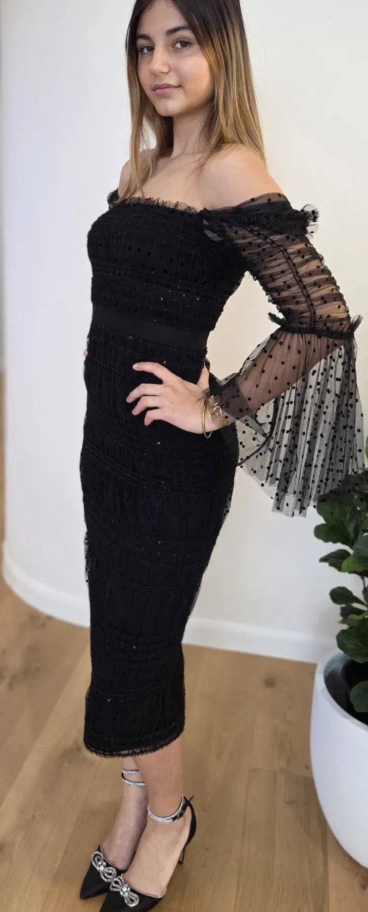 Self-Portrait Sequin Dot Mesh Midi Dress Black Size 10 photo 4