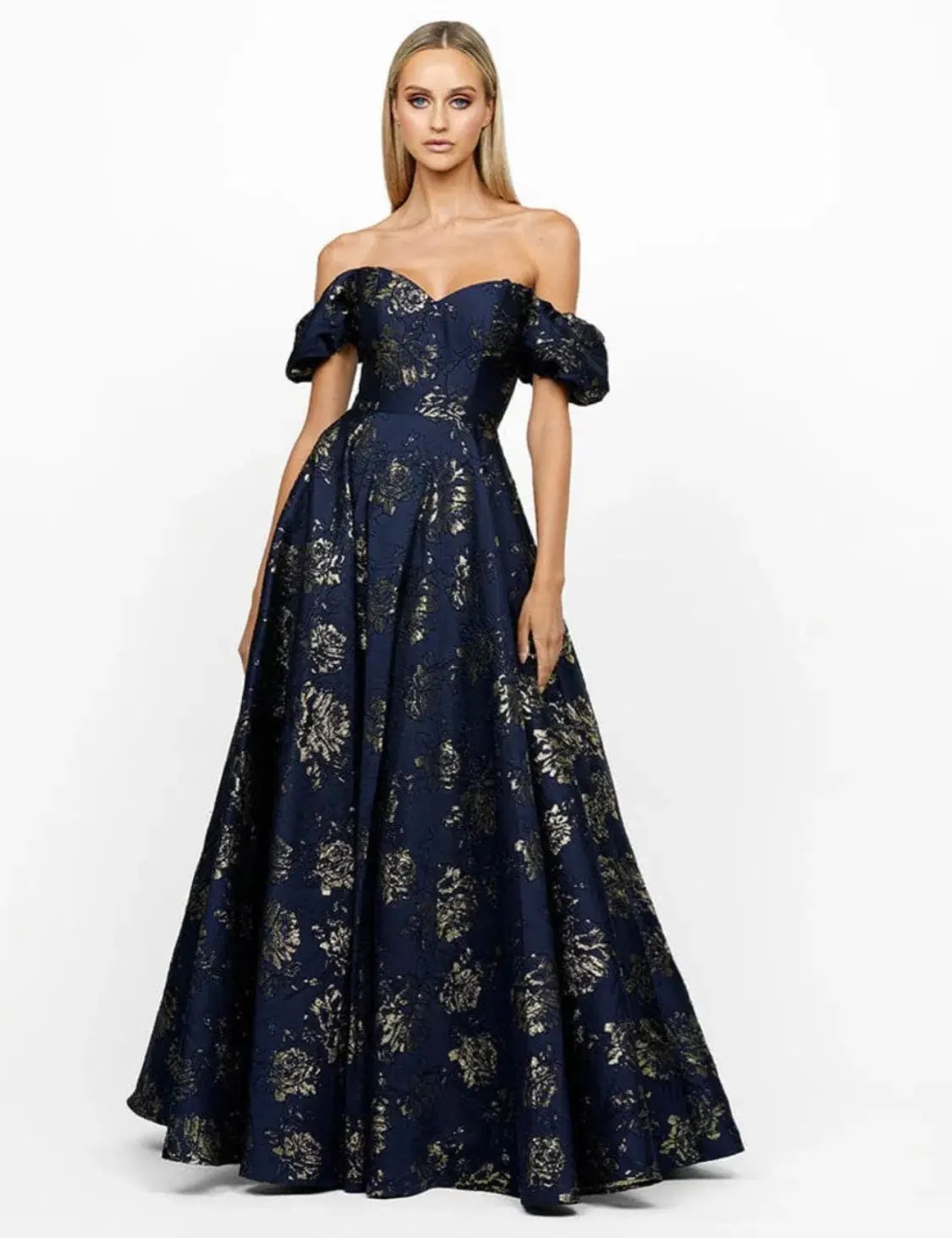 Bariano Sandy Sweetheart Off Shoulder Gown Navy/Gold Size 16 photo 2