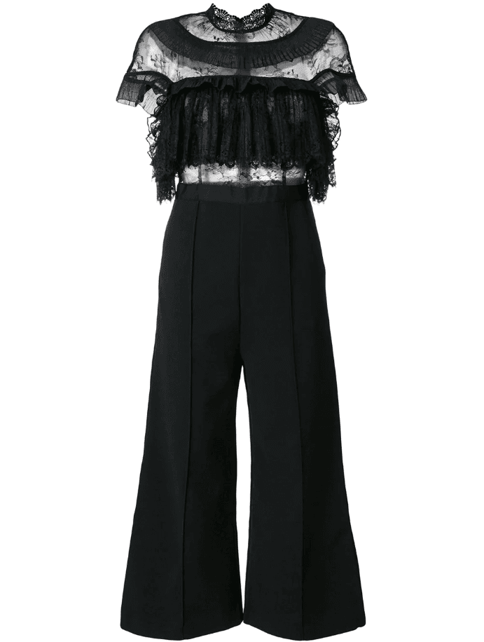 Self Portrait - Ruffle Trim Flared Jumpsuit Black Size 6 photo 4