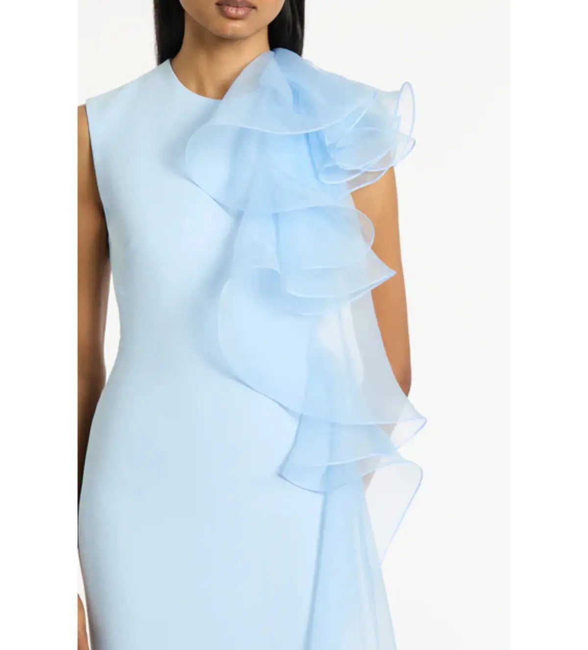 Carla Zampatti  Pale Blue Crepe Ruffle Shoulder Maxi Gown Size 8 photo 3