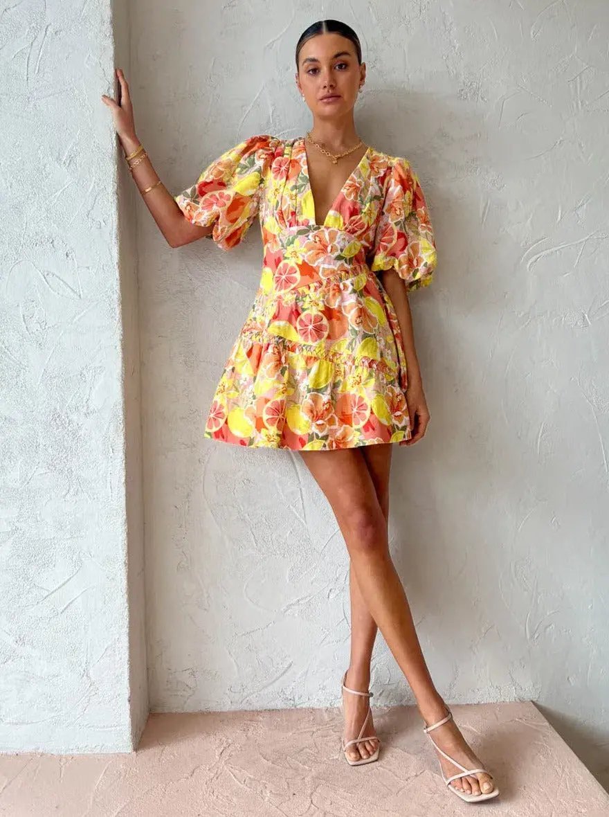By Nicola Sol Puff Sleeve Mini Dress in Citrus Print Size 6 photo 2