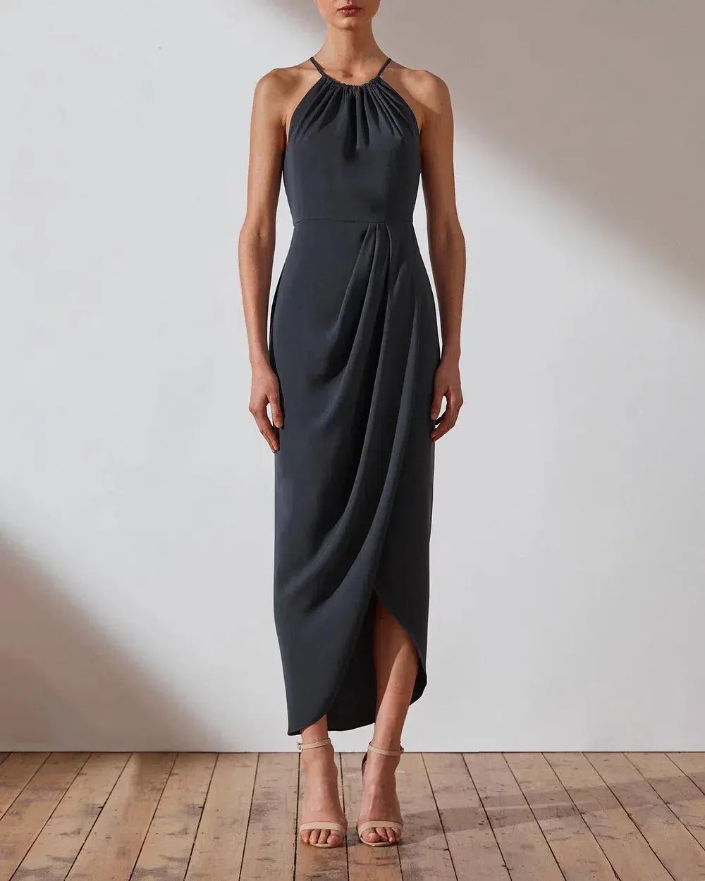 Shona Joy Core High Neck Ruched Dress in Charcoal Size AU 16 photo 2