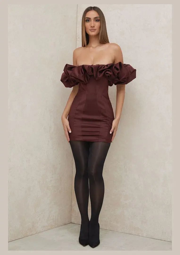 House of CB Selena Satin Ruffle Strapless Mini Dress Brown Size M / Au 10 photo 2