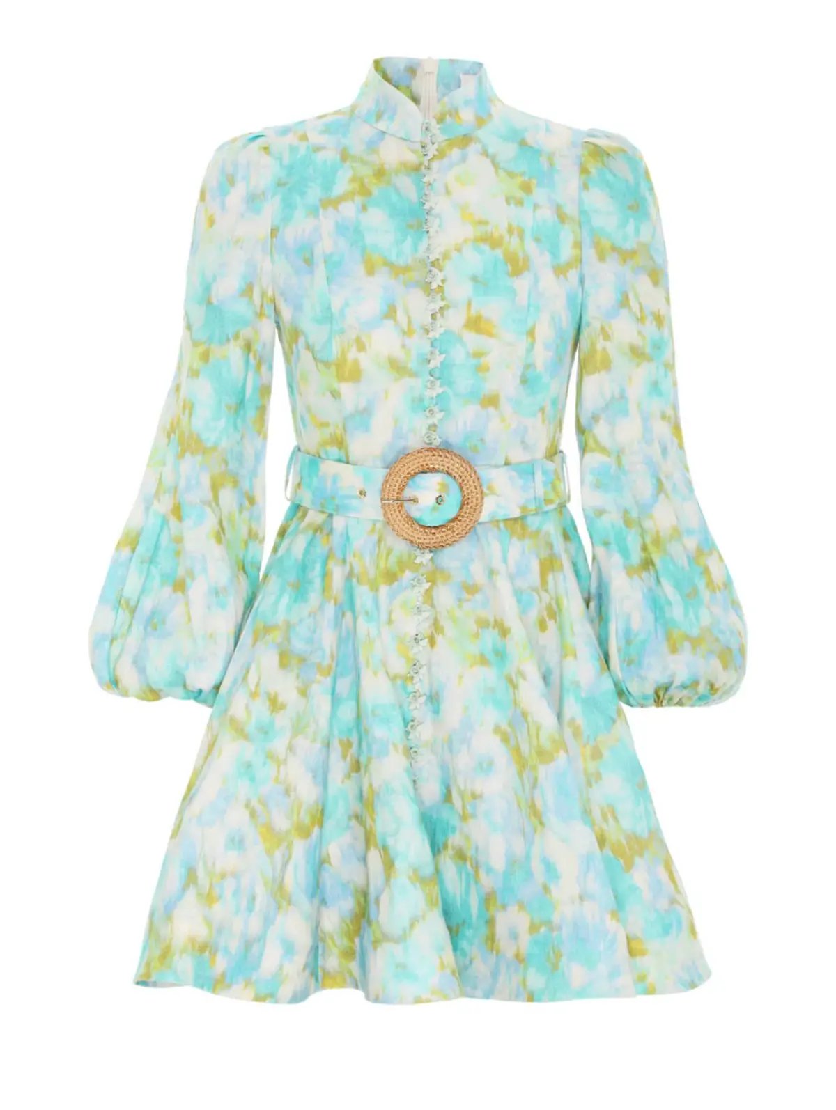 Zimmermann High Tide Buttoned Mini Dress in Aqua Ikat Floral Size 2 / Au 12 photo 4