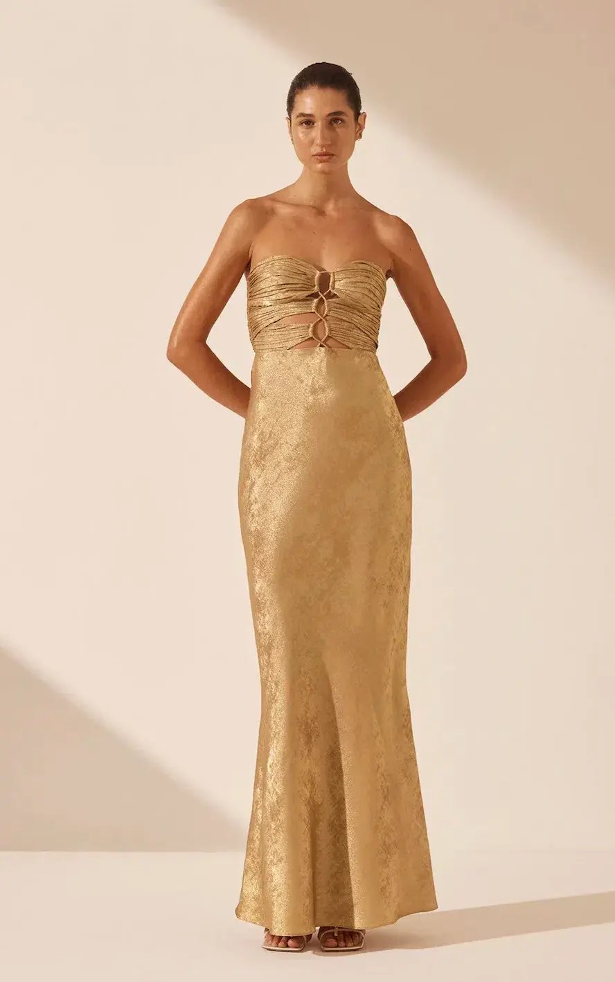 Shona Joy Royale Strapless Lace up Maxi Dress Gold Size 6 photo 2