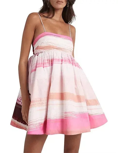 Aje Kasbah Sunset Stripe Ruched Bow Back Mini Dress Print Size 6 photo 2