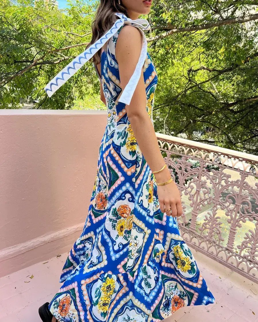 By Nicola Adoncia Tie Shoulder Maxi Dress In Azure Floral Size 10 photo 2