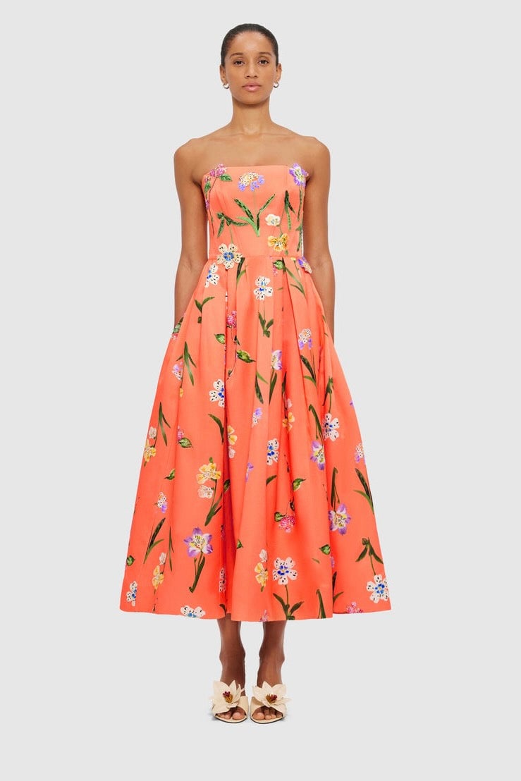 Leo Lin Lynn Bustier Midi Dress - Wild Flower in Coral photo 3