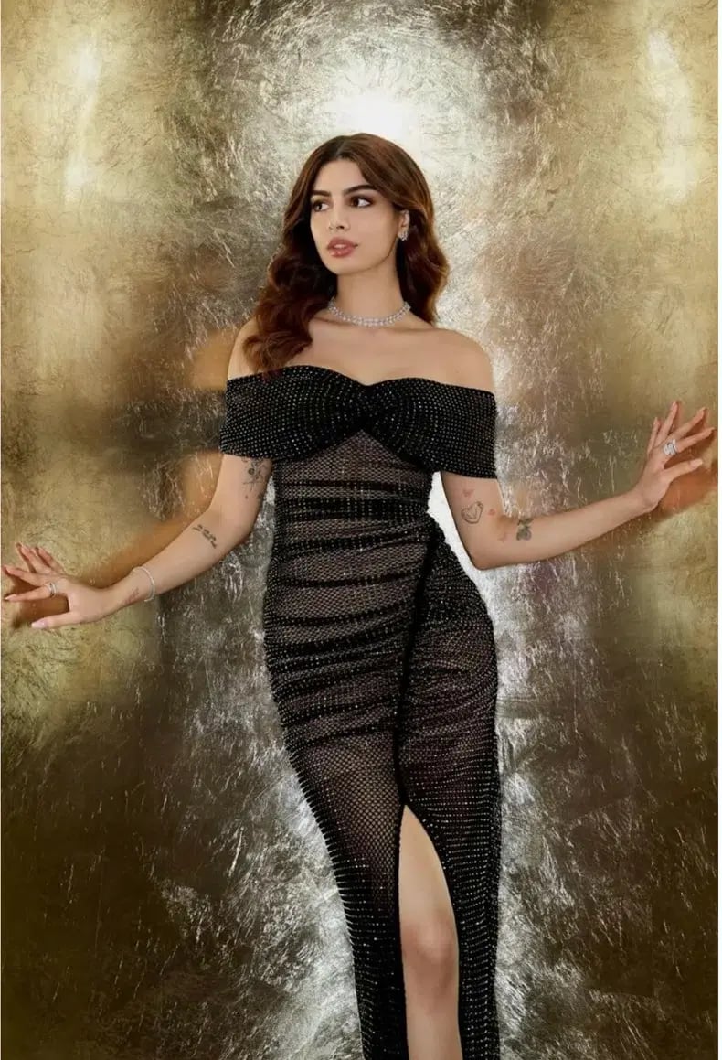 Self Portrait Diamante Fishnet Off Shoulder Midi Dress Black Size 10 photo 4