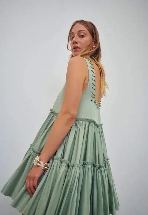 Aje Hushed Cotton Square Neck Mini Dress in Bamboo Green Size 14 photo 4