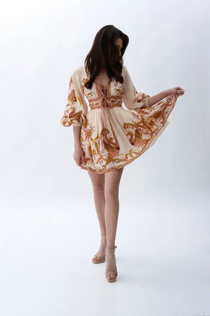 Zimmermann Cassia Plunge Bow Mini Dress Cream Bird Floral Size 0 / AU 8 photo 4