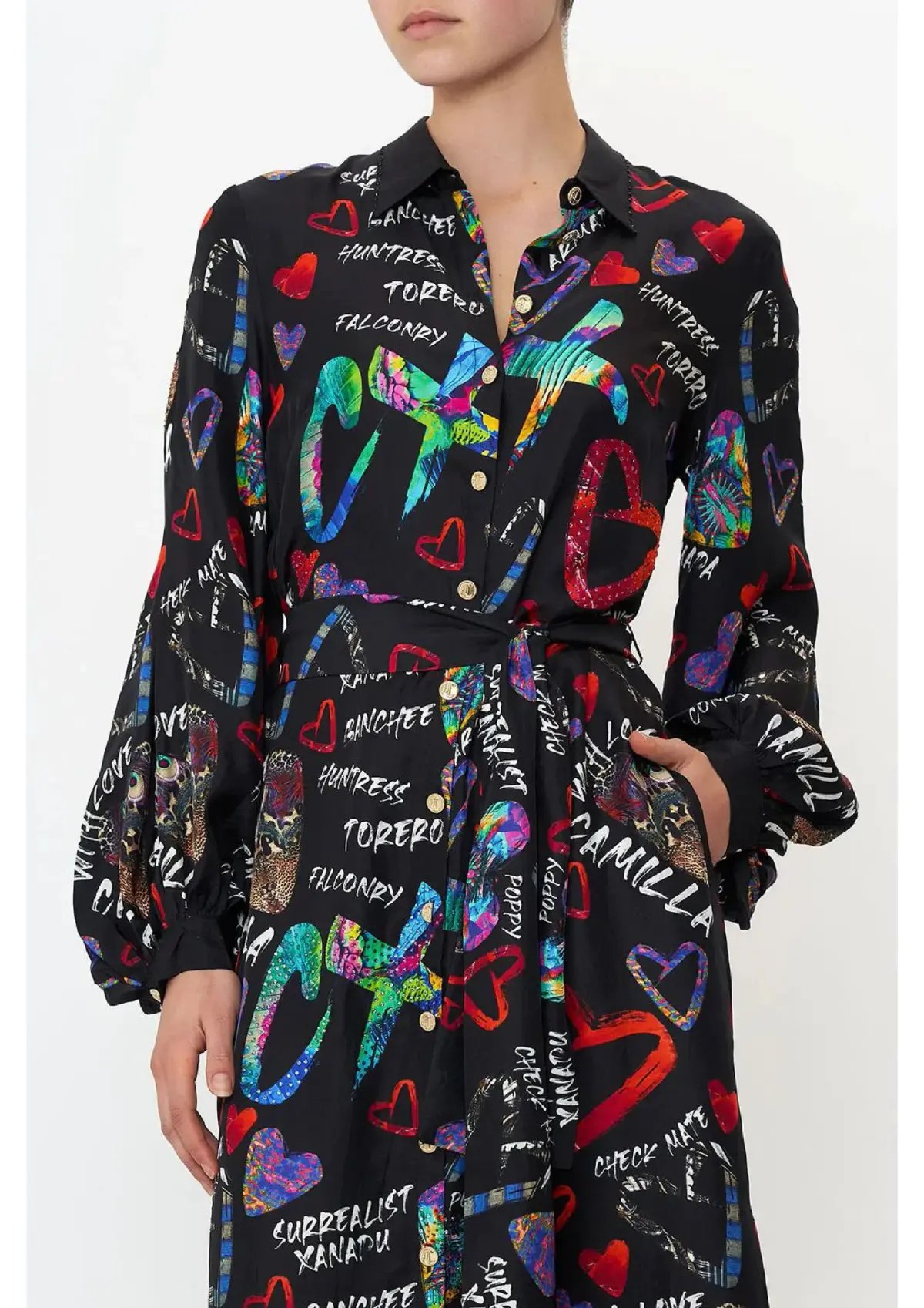 Camilla Tagged Up High Low Midi Shirt Dress Black Print Size M / AU 12 photo 3