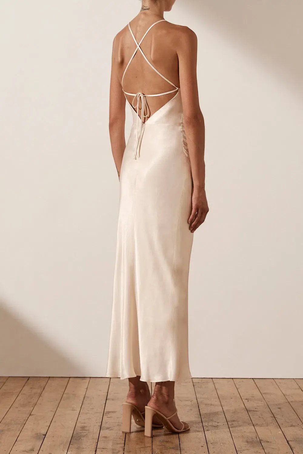 Shona Joy La Lune Gathered Square Neck Bias Midi Dress Cream Size 12 photo 2