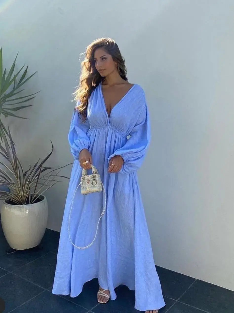 Scanlan Theodore Italian Linen V Neck Dress Blue Size 6 photo 2