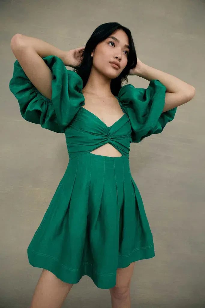 Aje Dusk Knot Puff Sleeve Mini Dress Emerald Green Size 10 photo 3