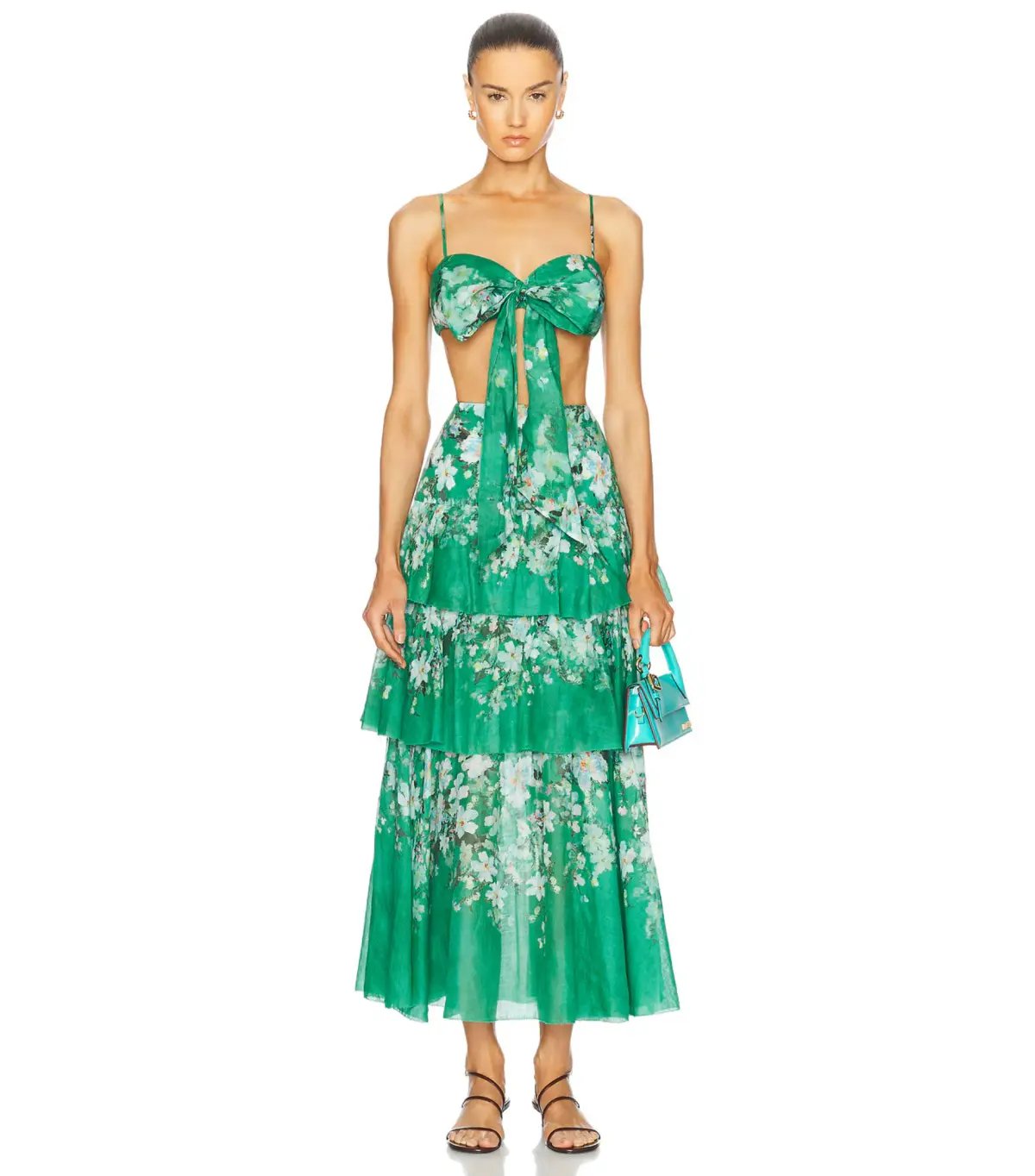 Zimmermann Everley Draped Bow Bralette and Tiered Midi Skirt Set in Green Watercolour Floral Size 8/XS photo 3