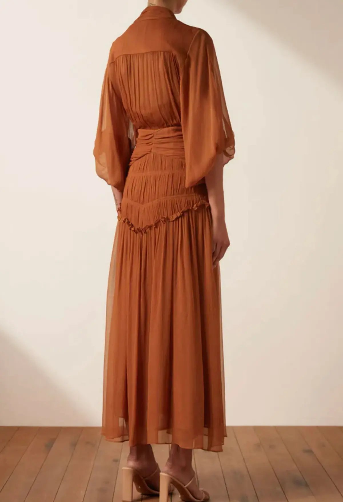 Shona Joy Noemi Button Up Ruched Midi Dress in Siena Brown Size 16 photo 3