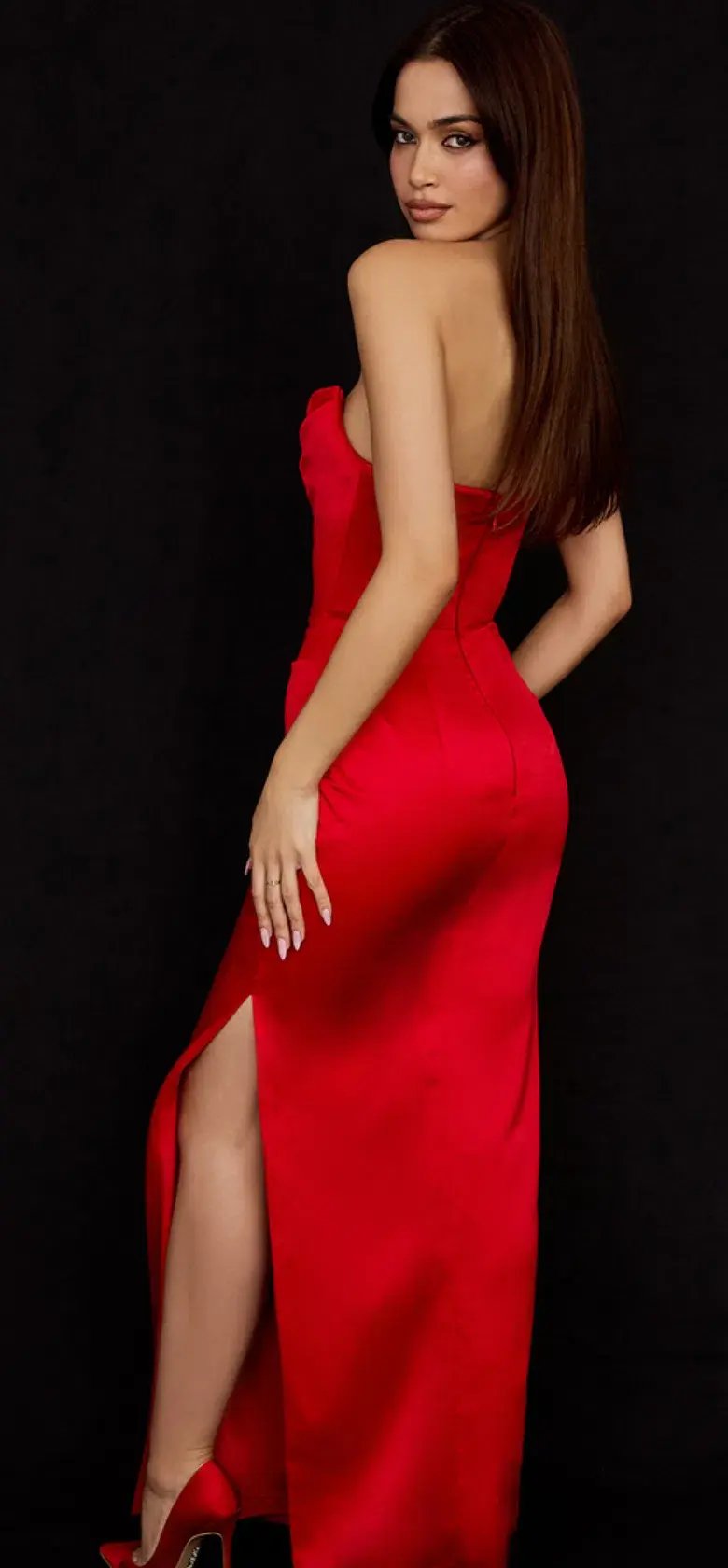 House of CB Adrienne Scarlet Satin Strapless Gown size 12 photo 4