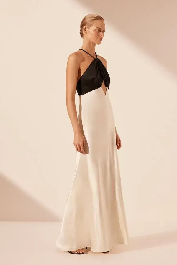 Shona Joy Lino Cross Back Halter Maxi Dress Cream Black Size 6 photo 2