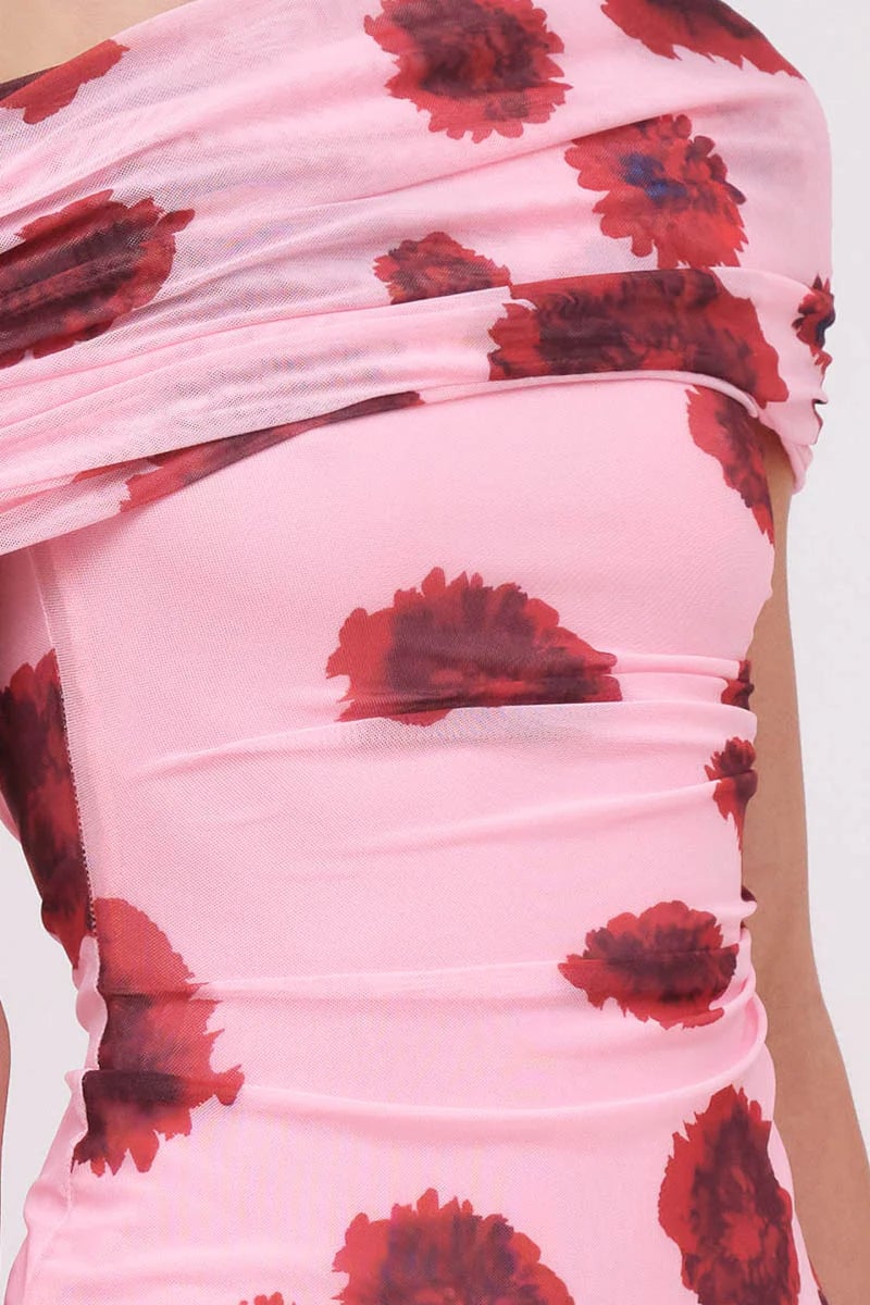 SUBOO LUCA MESH OFF SHOULDER MIDI DRESS - PINK RED photo 3