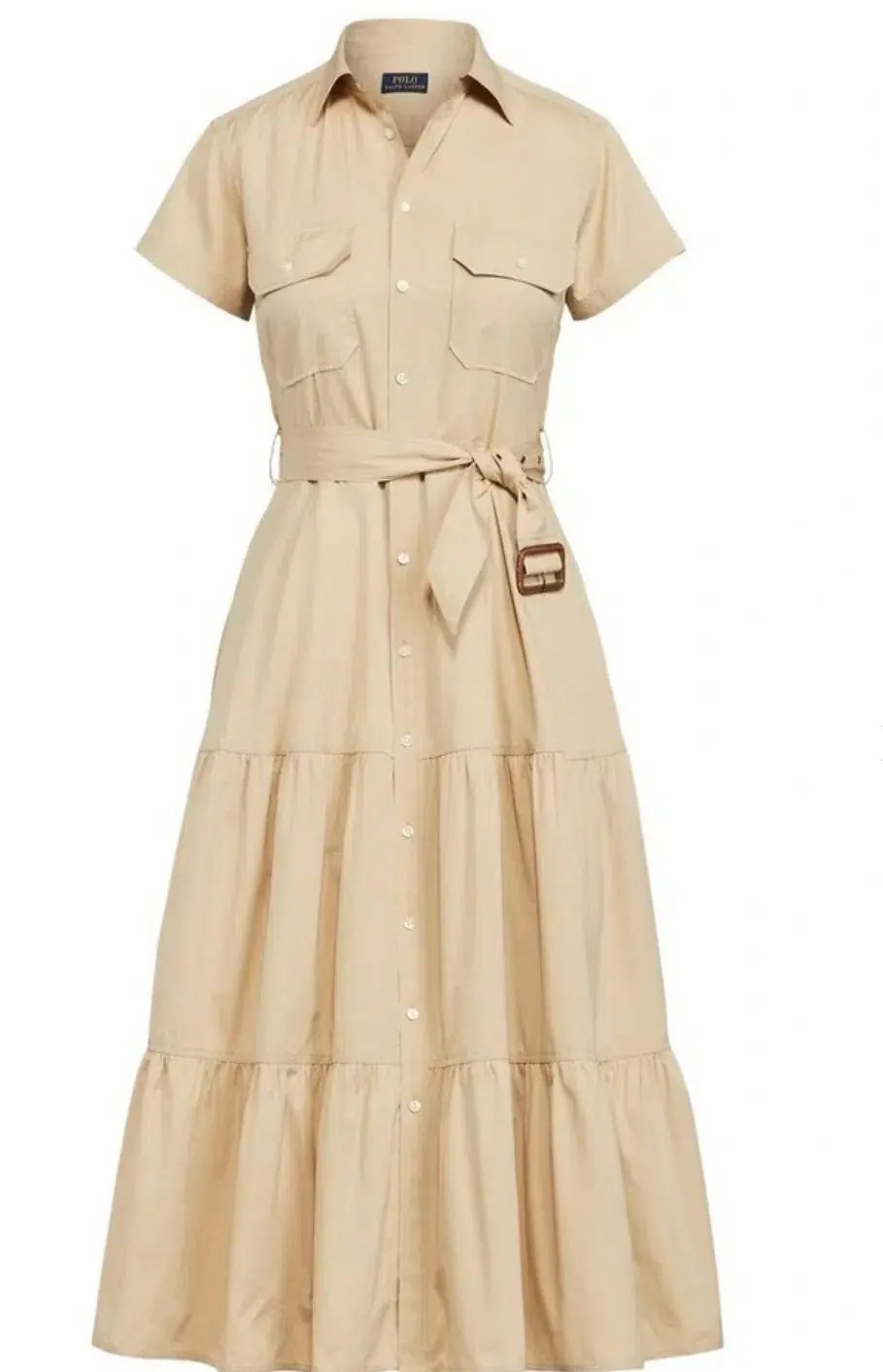 Ralph Lauren Belted Tiered Cotton Utility Midi Dress in Beige Size 6 photo 3