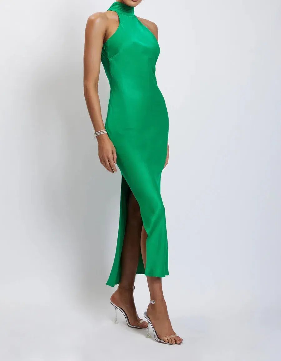 Meshki Claire Satin Drape Back Maxi Dress Green Size 8 photo 6