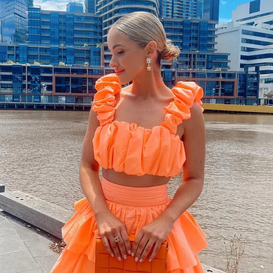 Aje Medina Ruched Crop Top and Tiered Midi Skirt Set Orange Size 6 photo 4
