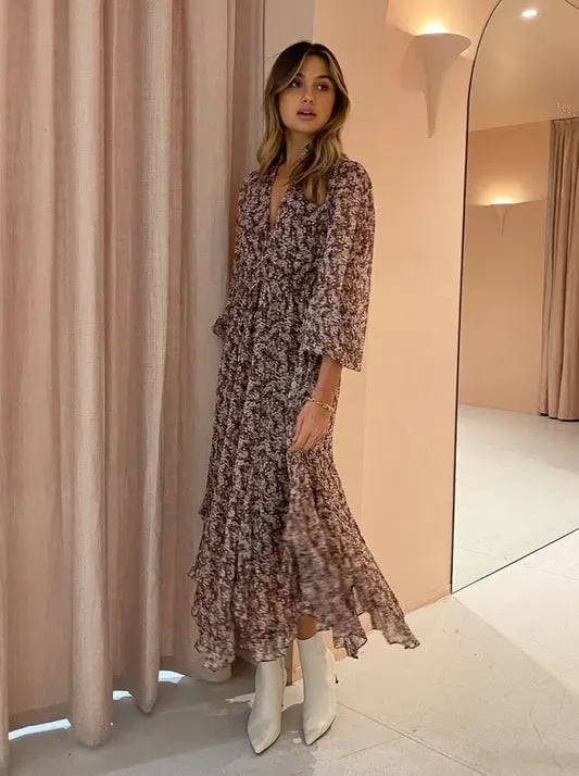 Shona Joy Blossom Plunged Midi Dress In Choc/Multi Size 6 photo 2