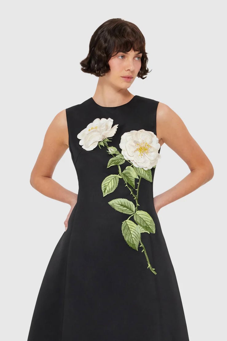 Leo Lin Cleo Embellished Sleeveless Midi Dress - White Rose Print in Black photo 2