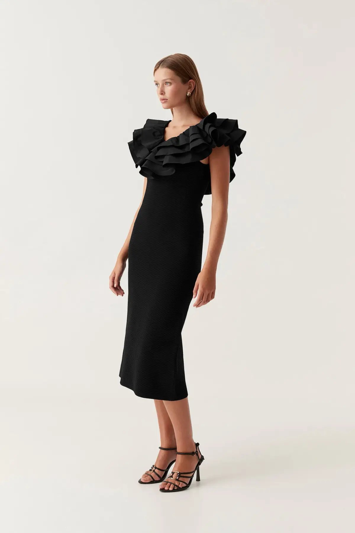 Aje Transcendent Ruffle Midi Dress Black Size 8 photo 3