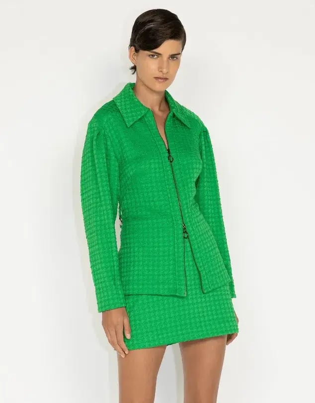 Cue Houndstooth Tweed Shirt Jacket Blazer Size 8 and Mini Skirt Size 10 Set Apple Green photo 2