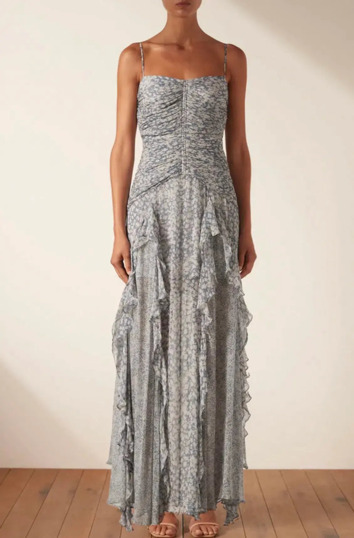 Shona Joy Candice Ruched Frill Maxi Dress Print Size 8 photo 2