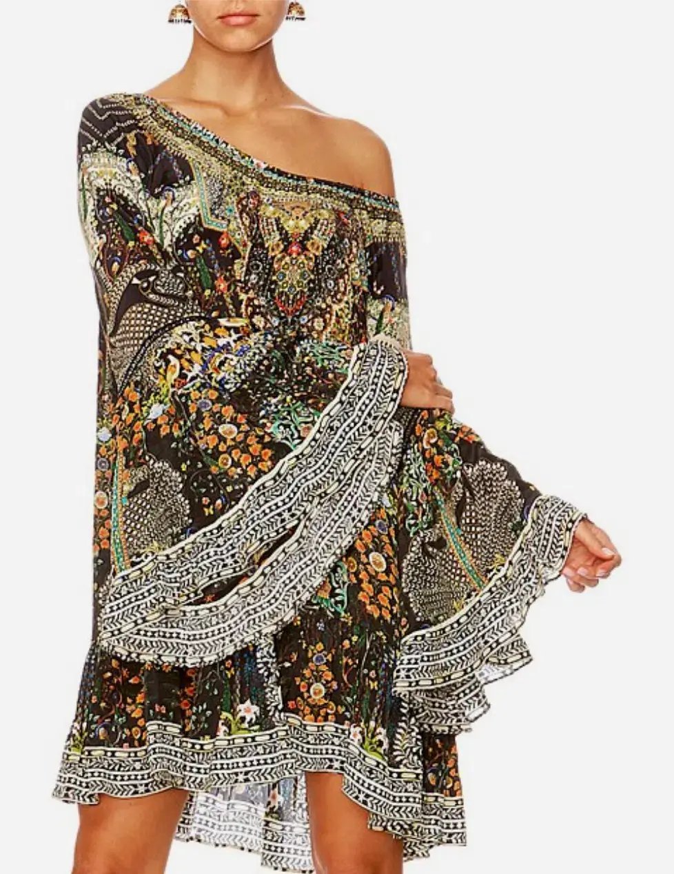 Camilla Scoop-Neck A-Line Printed Frill Mini Dress Multi Size 14/XL photo 3