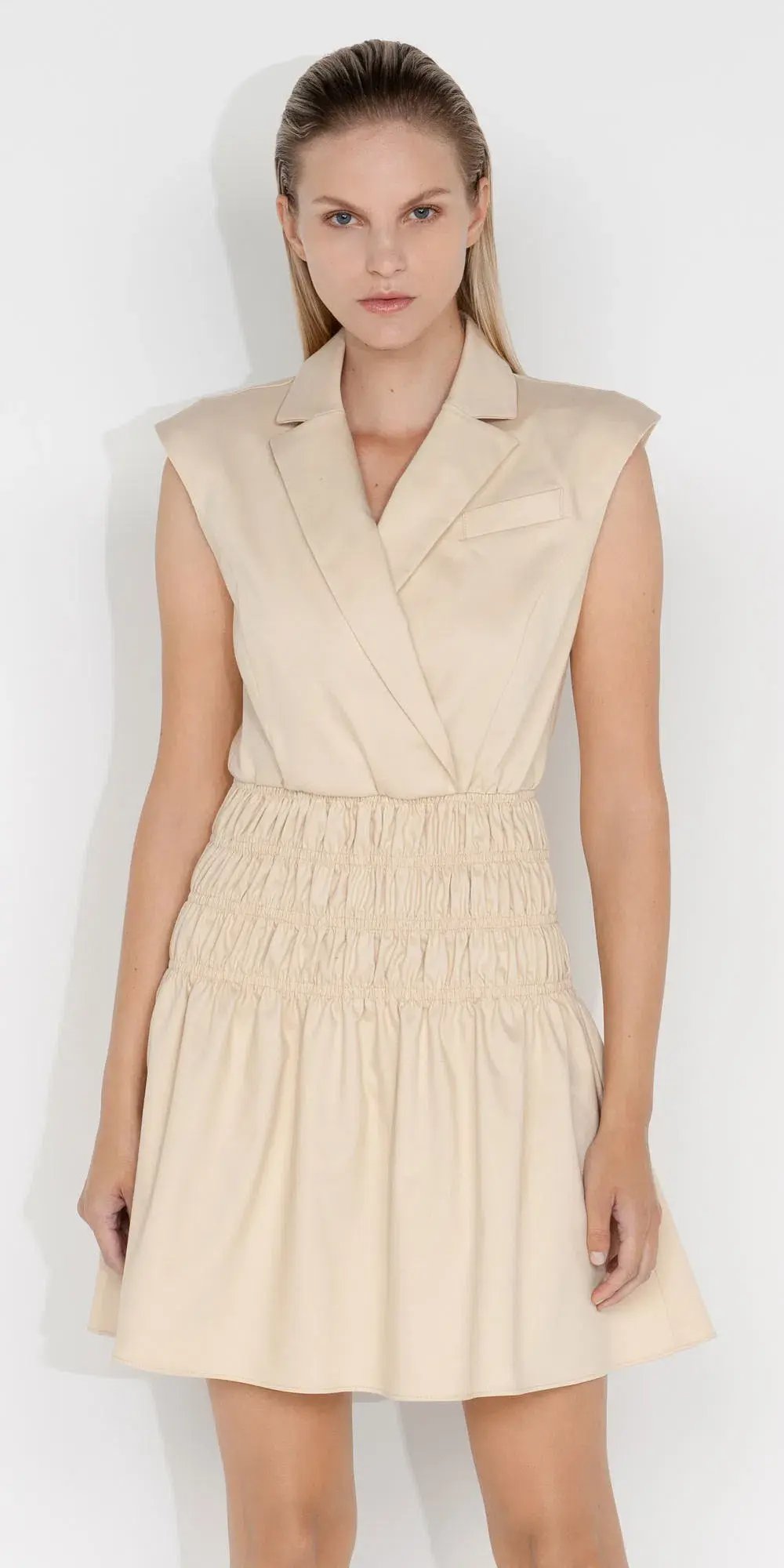 Cue Cotton Shirred Blazer Dress Beige Size 14 photo 3
