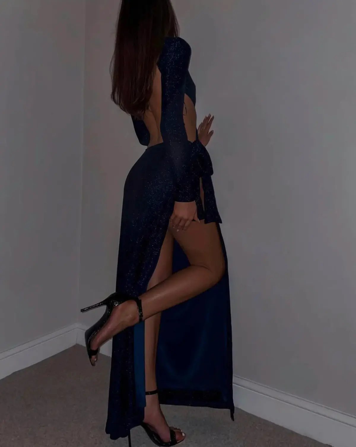 Meshki Christina Backless Maxi Wrap Dress Navy Shimmer Size 6 photo 3