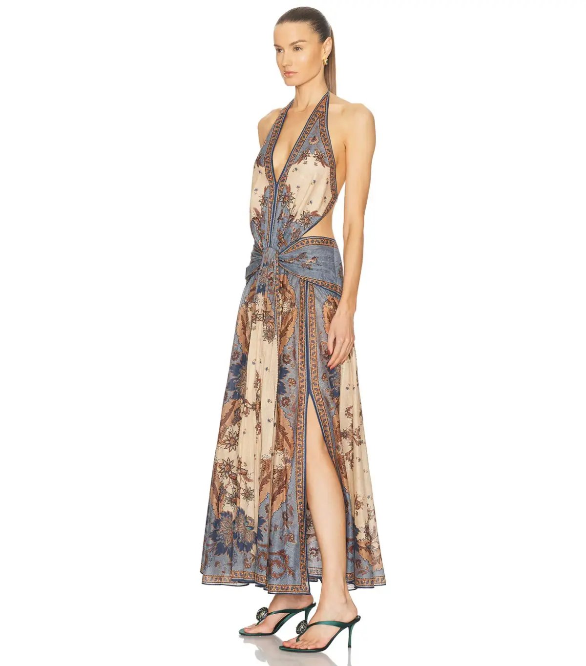 Zimmermann Ascension Plunge Halter Maxi Dress in Blue/Cream Indienne Floral Size 0 / AU 8 photo 2