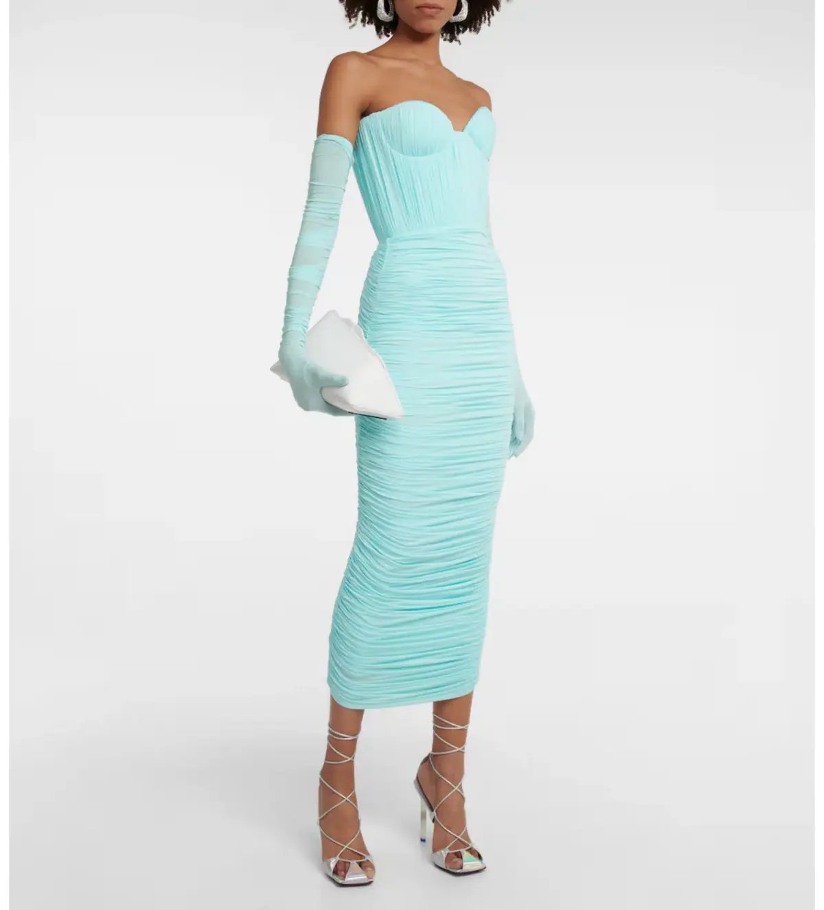 Alex Perry Prescott Ice Blue Off Shoulder Ruched Midi Dress With Gloves Size S / AU 8 photo 3