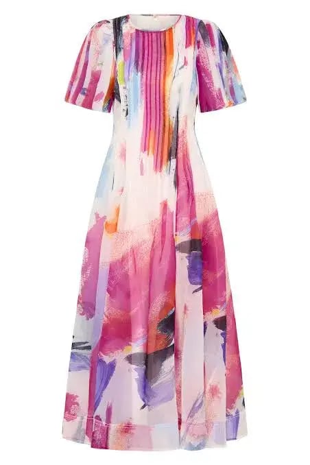 Aje Nova Pleated Midi Dress in Abstract Sunset Size 6 photo 4