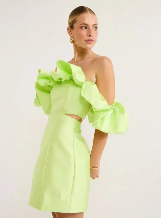 Alemais Suzi Off Shoulder Mini Dress in Chartreuse  Green Size AU 8 photo 2