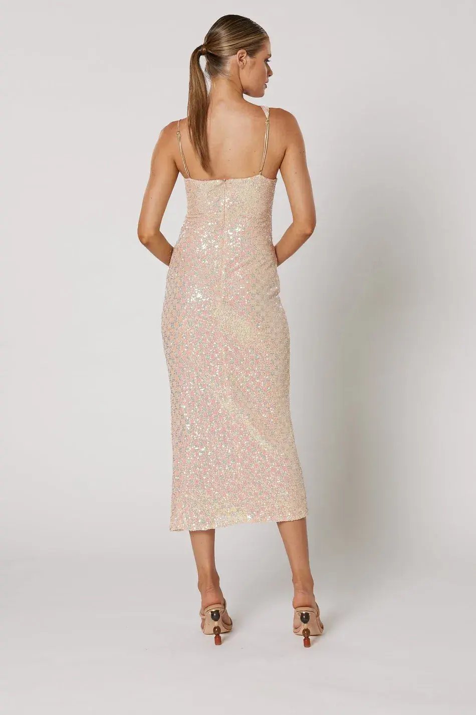 Winona Indeko One shoulder Sequin Midi Dress Pearlescent Peach Size 6 photo 2