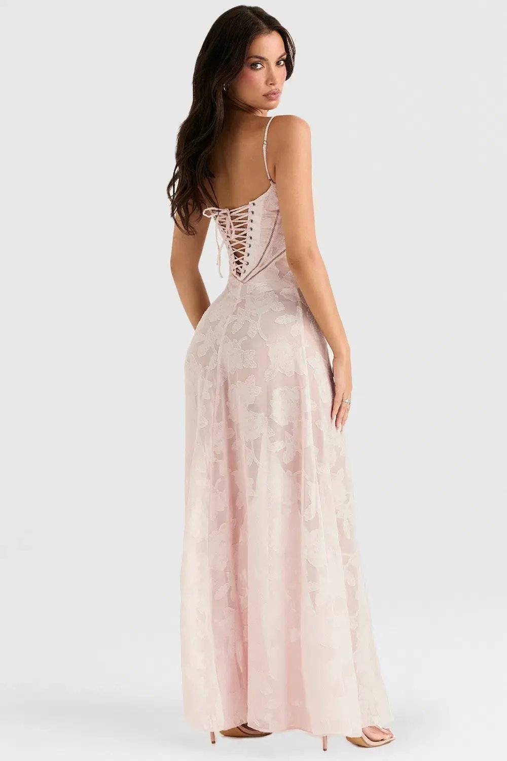 House of CB Seren Lace Back Maxi Dress Soft Pink Floral Size XS / AU 6 photo 3