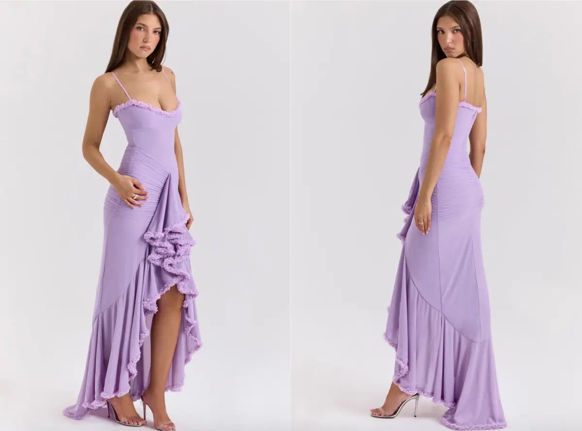 House of CB Gabbi Orchid Mesh Ruffled Front Gown Purple Lilac Size S AU 8 photo 3