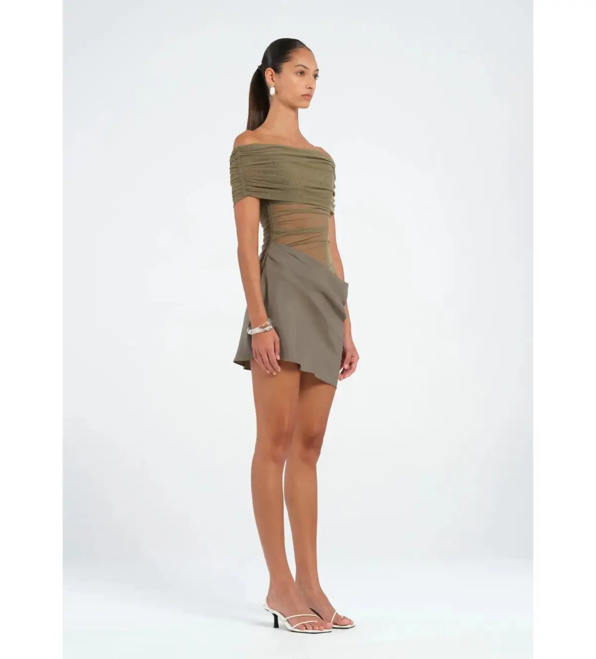 Benni Nico Off Shoulder Mini Dress in Khaki Size AU 8 photo 2