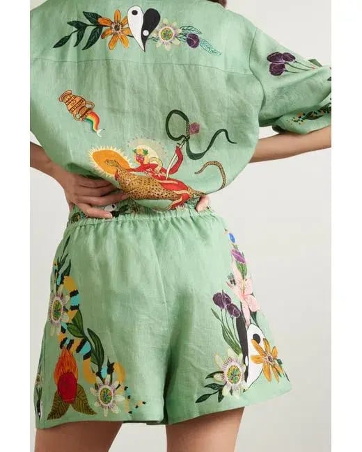 Alemais Meagan LInen Shirt Size 12 and Shorts Size 14  Set Green/Print photo 2