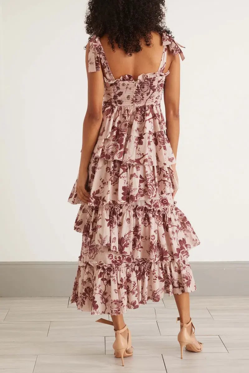 Alemais Heather Tiered Midi Dress in Burgundy Print Size 12 photo 2